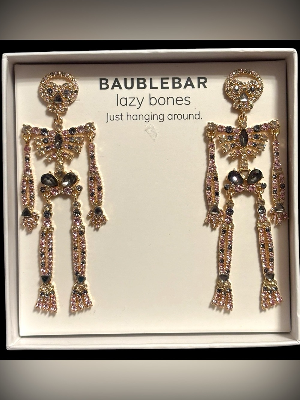 NWT•BaubleBar Gold-Tone Pink, Purple, & Smoke Crystal Skeleton Drop Earrings